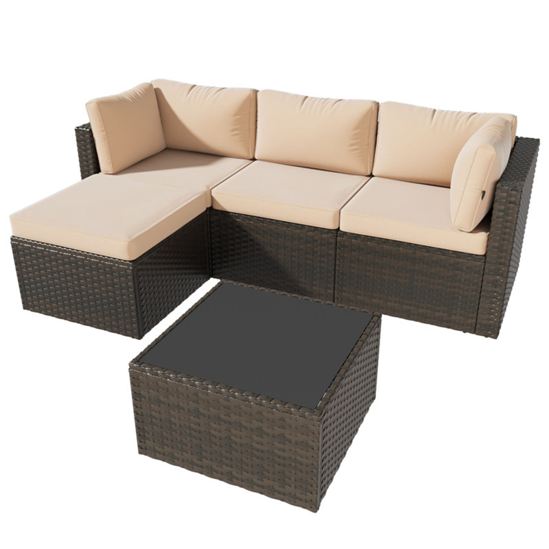 4 Seater Rattan Corner Sofa Garden Set With Glass Top - Weave, Brown