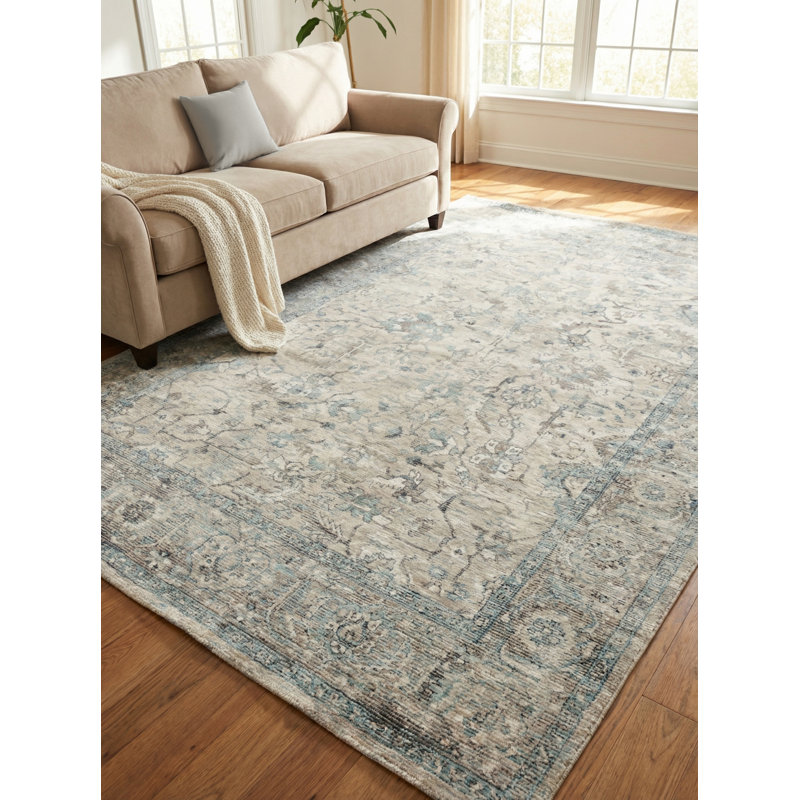 Tuscany Oriental Hand-Loomed Beige/Blue Area Rug, Rectangle 10' x 14'