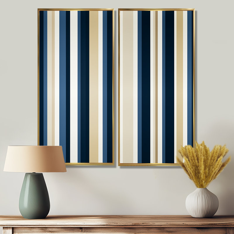 Élégant motif classique rayé sur toile beige et bleu classique, 2 pièces, H 20 po x l 24 po, Doré