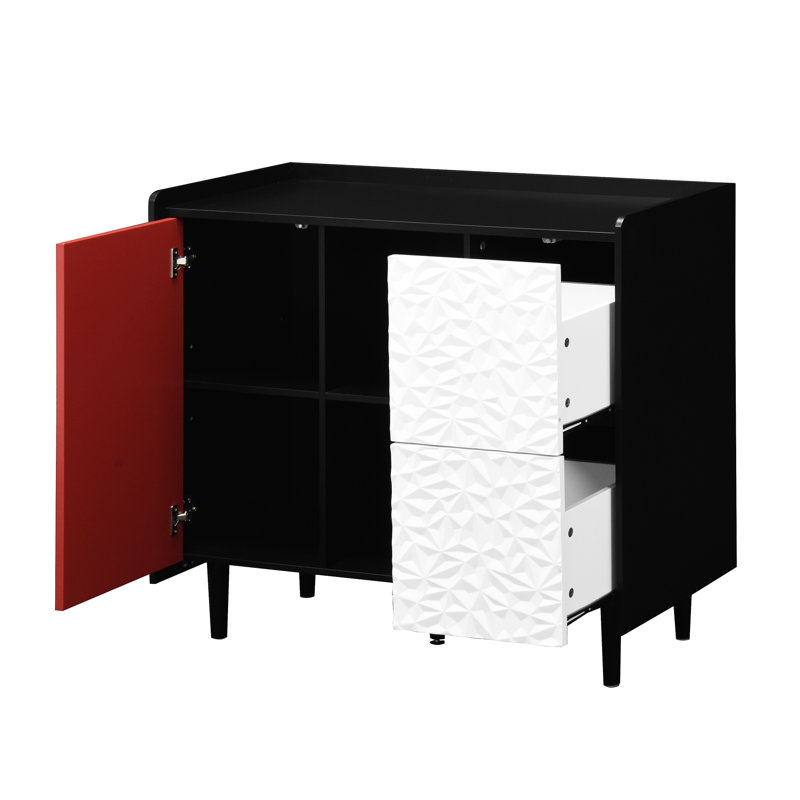 Armoire à café moderne avec base noire et portes rouges pour salle à manger, buffet, corps de cuisine, Noir / Rouge