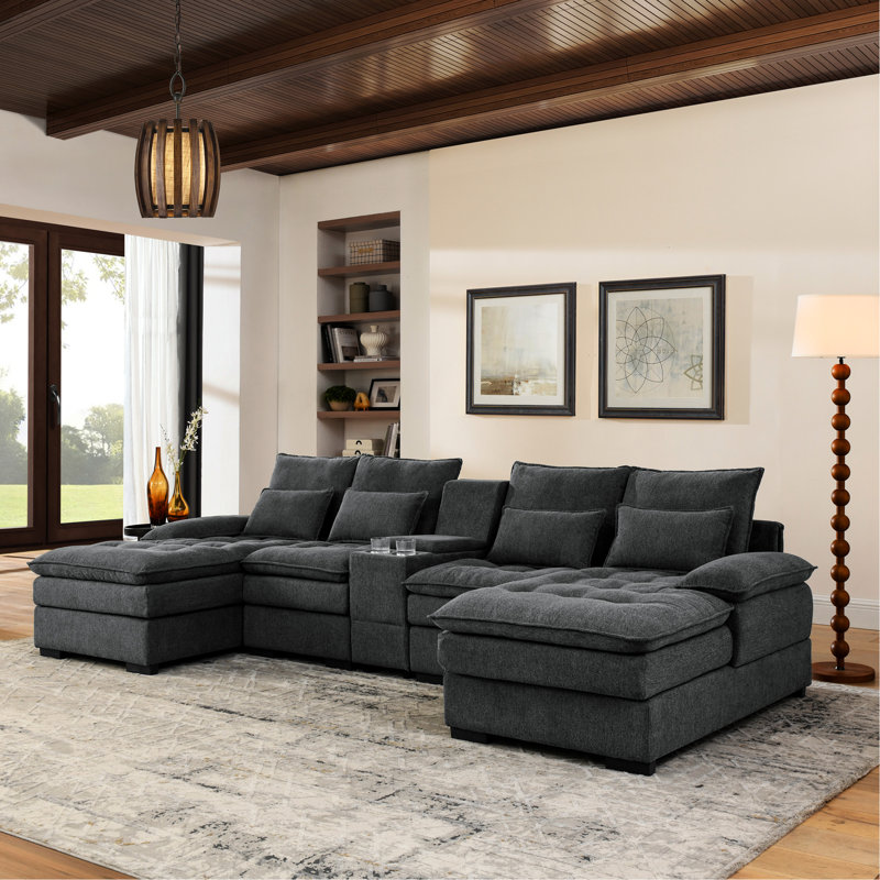 130"  U-Shaped Sofa With Console,Cupholders,6-Seat Upholstered Primary Living Space Furniture,Sleeper Couch Set With Chaise For Living Room,Apartment, (Grey)