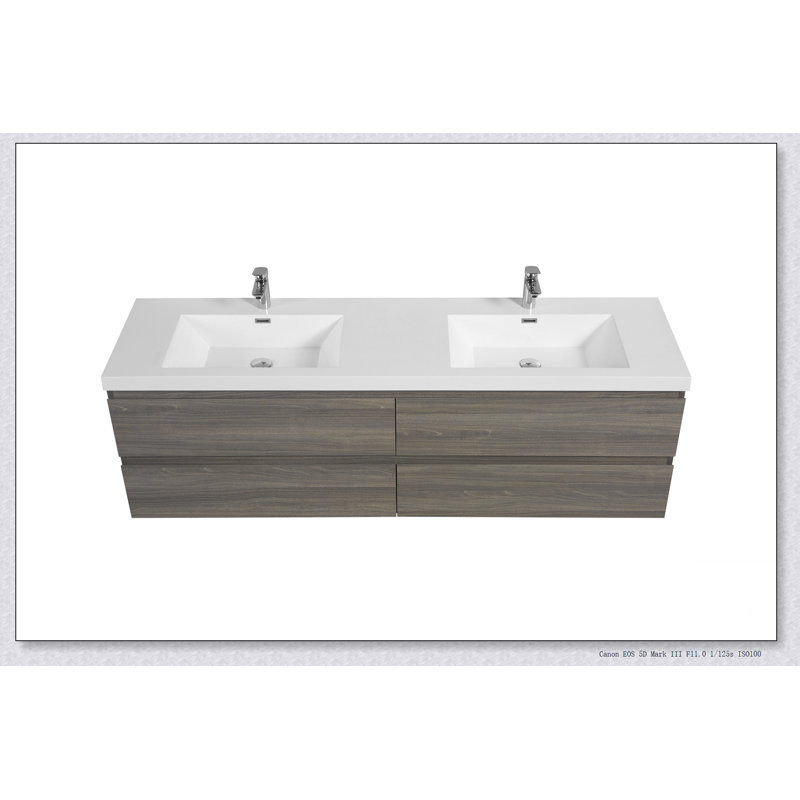 Meuble-lavabo flottant avec lavabo, meuble-lavabo mural moderne avec deux lavabos en quartz et quatre tiroirs à fermeture en douceur, 24V12-72GR