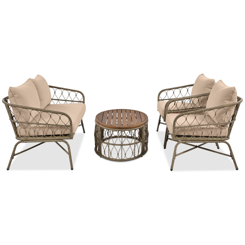 Bohemia-Inspired 4-Person Outdoor Seating Group With Removable Cushions, Conversation Patio Set, Beige, Patio Set, Patio Furniture
