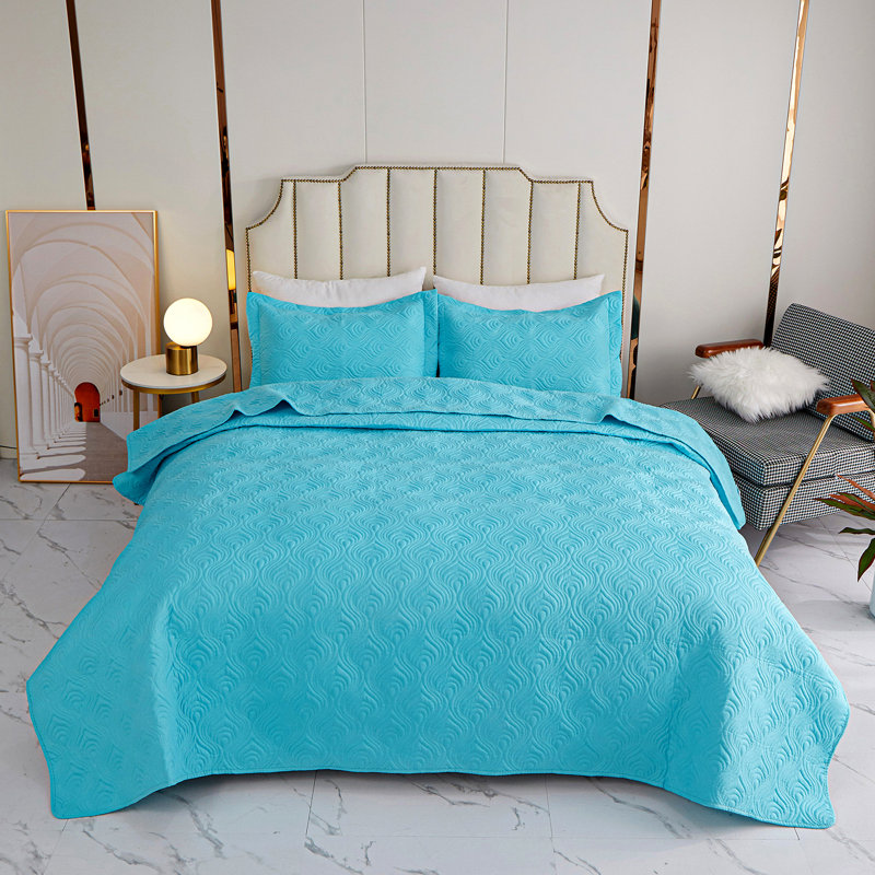 Ensemble de courtepointe matelassée à motif floral pour grands lits (blanc cassé / bleu), Bleu