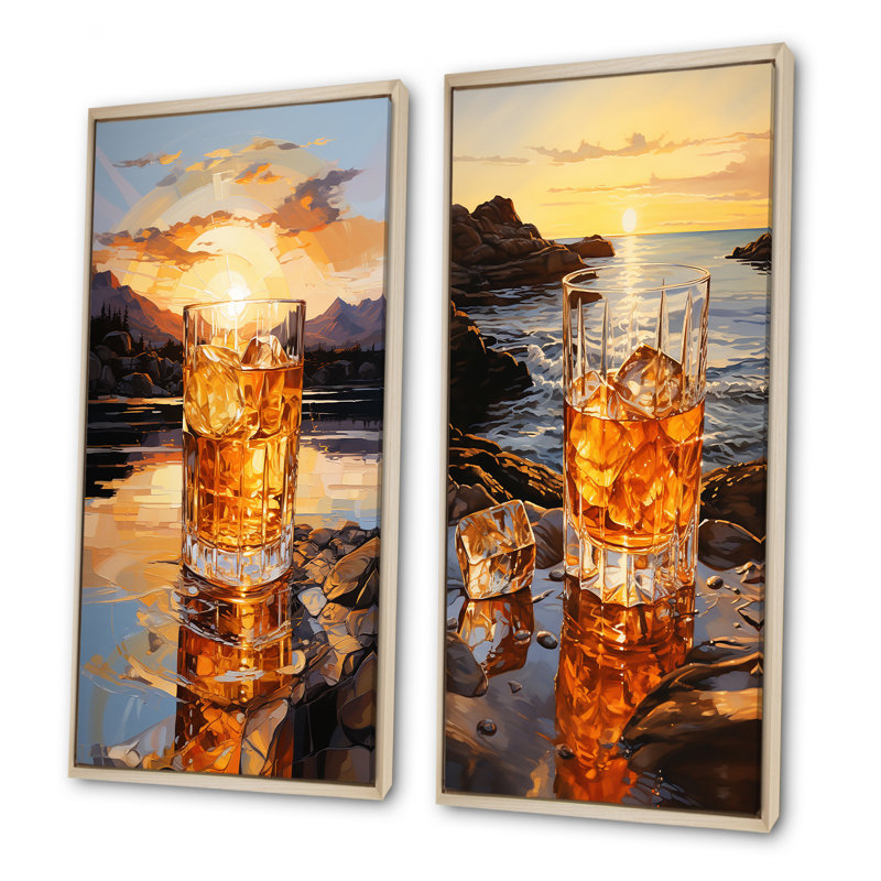 Ensemble de 2 impressions sur toile Whiskey On The Beach Horizon, Cadre flottant brun, H 32 po x l 33 po