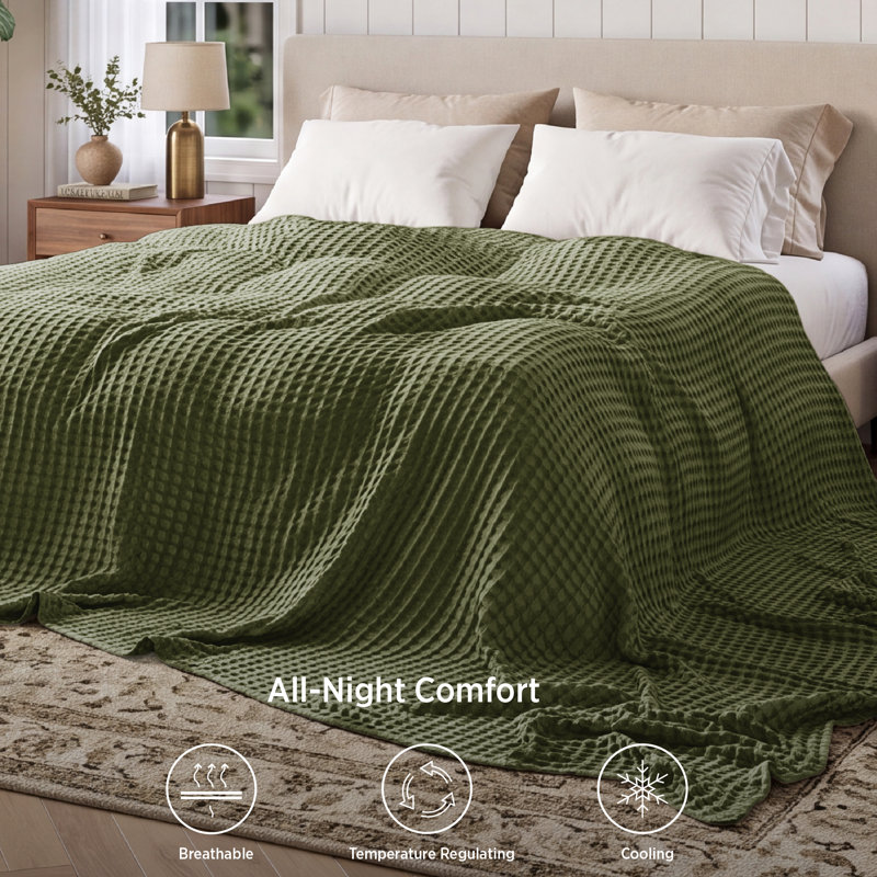 Bedsure 279gsm Cotton & Rayon from Bamboo Waffle Blanket GentleSoft™️, Winter Moss, Full