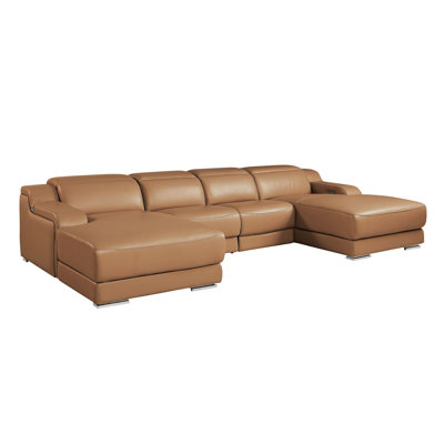 Valencia Cognac 4-Piece U-Shaped Sectional In Top-Grain Italian Leather With Adjustable Headrests – Open Layout
