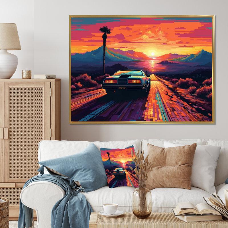 Chorio, voiture classique rétro orange et bleue sur toile, H 16 po x l 32 po x P 1 po, Cadre flottant doré