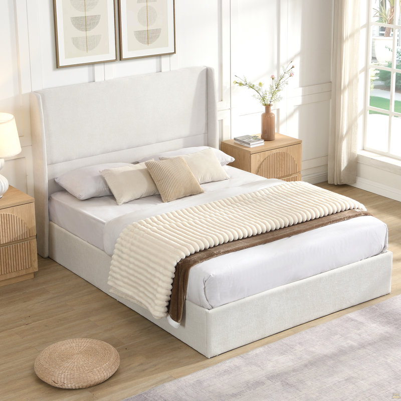 Lit tapissier de tête de lit haute, cadre de lit sur pied, cadre de lit grand, support à 12 lattes, facile à assembler, beige, toile de chenille, aucun sommier nécessaire