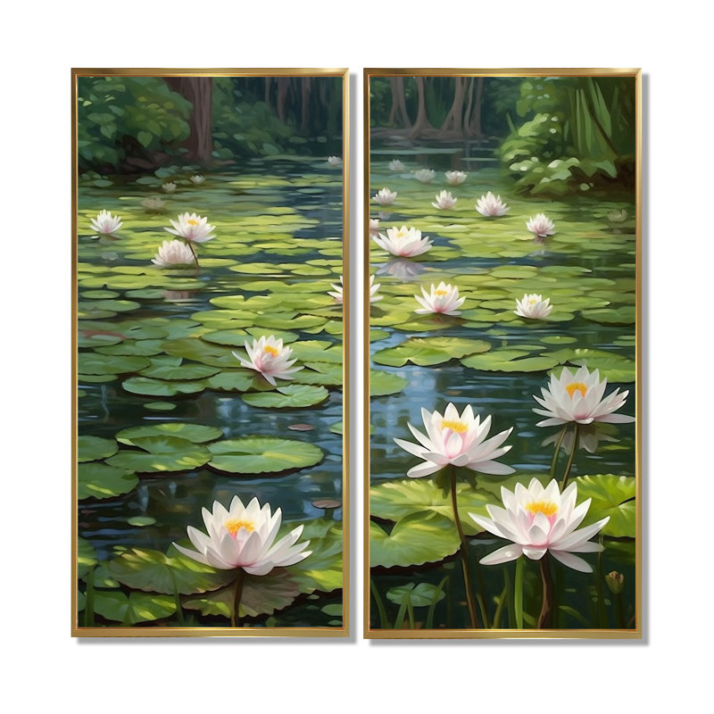 Magical Lotus Lily Pad Pond - Art mural moderne, H 20 po x l 24 po, Impression encadrée flottante, Doré