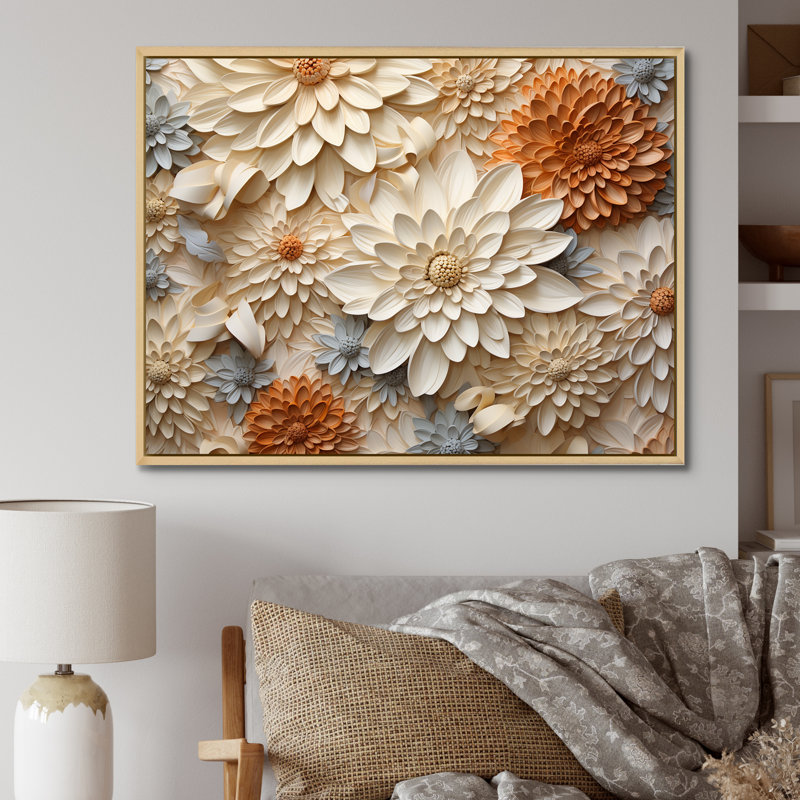 Fleurs de zinnias beiges sur toile, White Picture Framed, 24" H x 32" W
