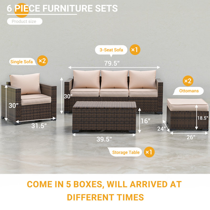 Wicker Sofa Seating Group with Storage Deck Box and Ottomans, Beige