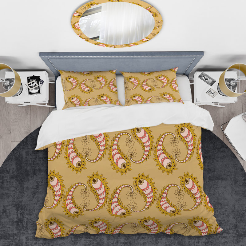 Ensemble de housse de couette à motif floral cachemire brun - Polyester microfibre