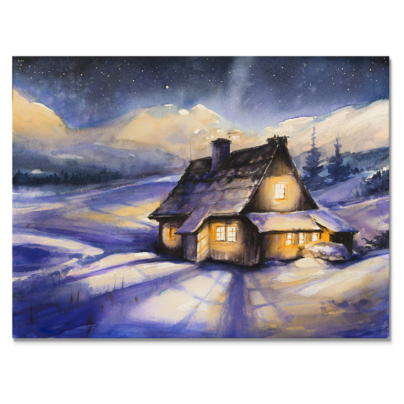 Cottage in Winter Mountains - Cadre photo, impression sur toile, H 24 po x l 36 po x P 1,5 po, Toile tendue
