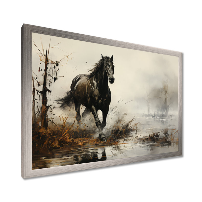 «Grey Horse Misty Morning Canter II», art mural cheval, H 34 po x l 44 po x P 1,5 po, Cadre simple argenté