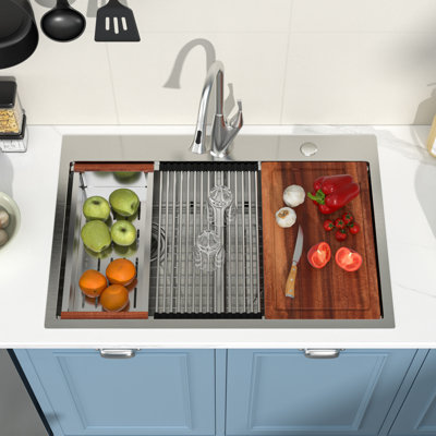 33 Inch Undermount Double Bowl 16 Gauge Stainless Steel Kitchen Sink Workstation Sink with Full Accessories