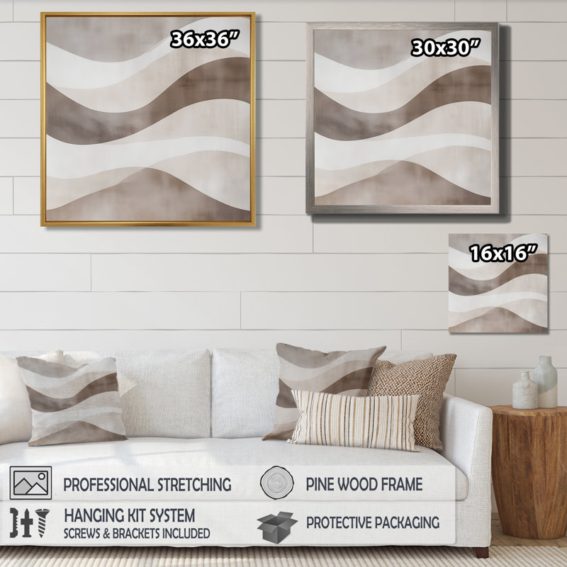 Tableau abstrait minimaliste beige-brun, géométrique et neutre - Art mural encadré, H 36 po x l 36 po, Cadre naturel