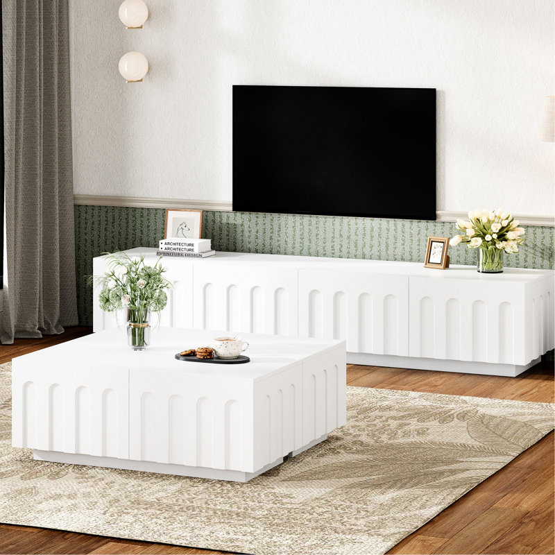Modern White Tv Stand And Coffee Table , Arched Drawer , Ample Storage For Everyday Essentials, Flexible Furniture With Combination, Suitable Tvs Up To 80", Crafted From Elegant & Duo, Dual - Purpose