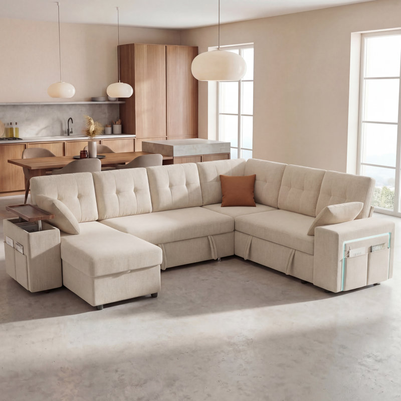 7-Seater Large Sectional Sofa Bed With Storage Ottoman & Lovescat, Chenille Modular Sleeper Sofa Set With 2 Pillows, 112" U-Shaped Convertible Couch For Living Room