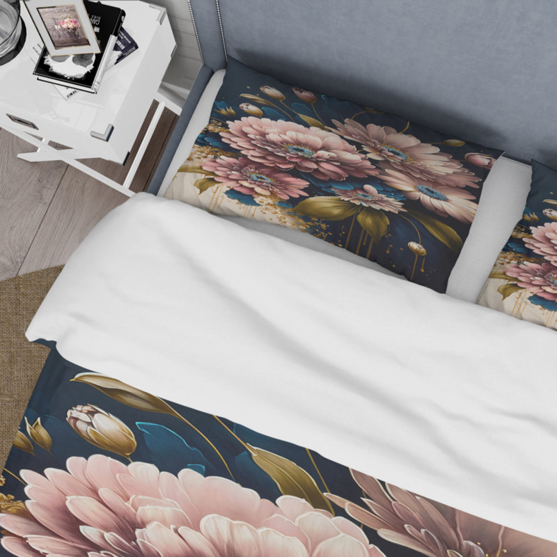 Ensemble de housse de couette à motif de marguerites florales bourgogne et bleues I - Polyester en microfibre