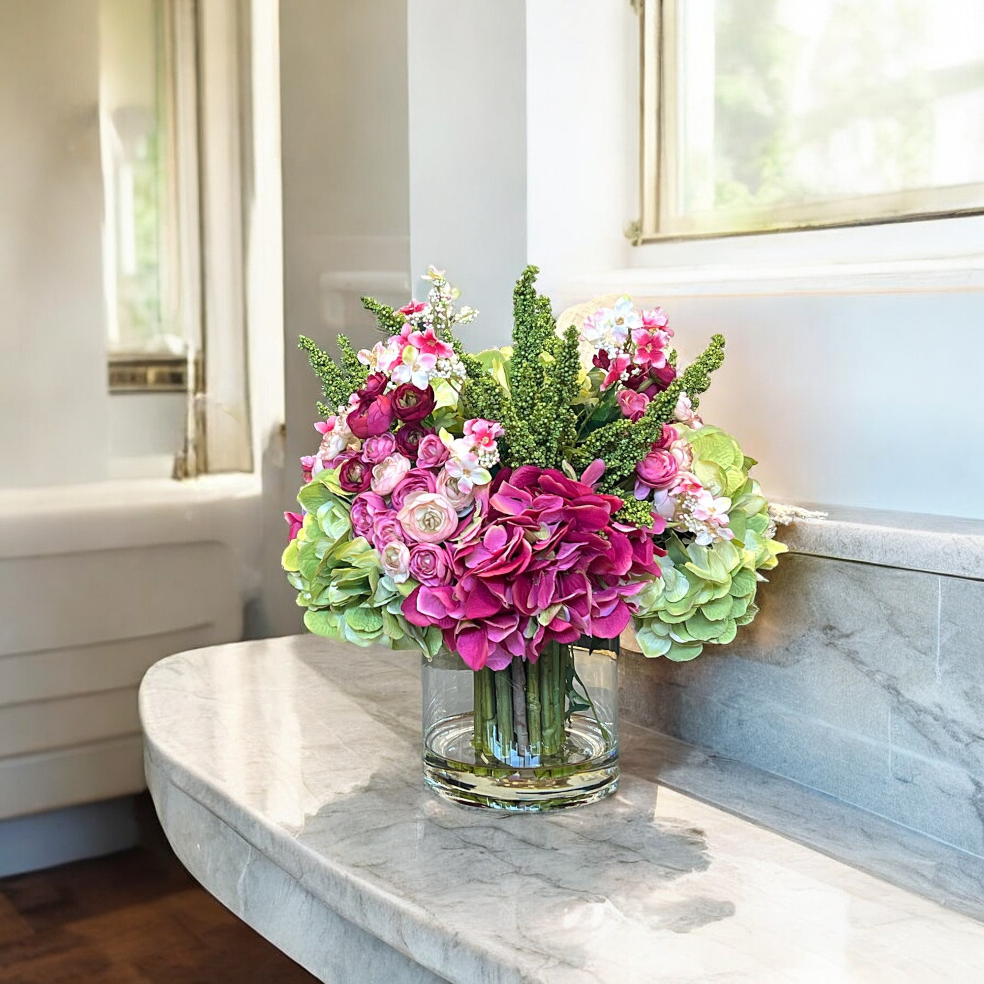 Primrue Hydrangea, Ranunculus, and Cherry Blossom Floral Arrangement in Vase & Reviews | Wayfair