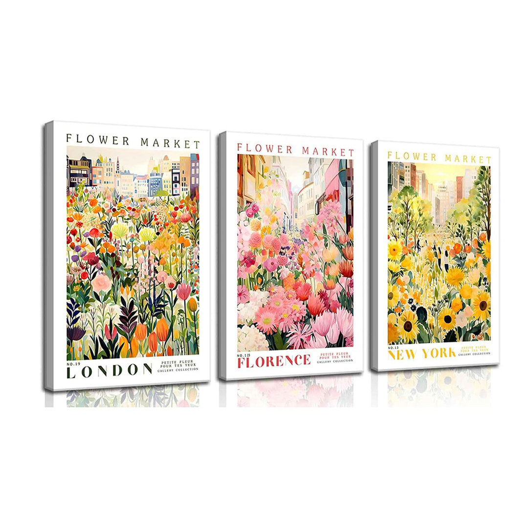 3Pcs Flower Market Color Botanical Canvas Wall Art Colorful Wildflower Sunflower Wall Decor Pictures Yellow Pink Floral Travel Posters Prints For Kitc
