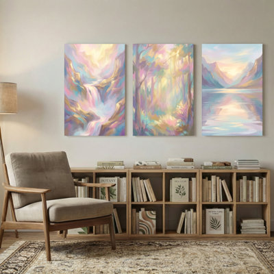 Abstrait pastel montagnes cascade forêt lac ciel reflets ensemble de 3 impressions d'art sur toile