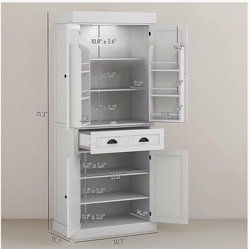 HOMCOM 71" Kitchen Storage Cabinet with Sensor Light, Tall Storage Cabinet with 6 Shelves, 1 Drawer, and 4 Adjustable Shelves, Suitable for Living Room, Dining Room, White