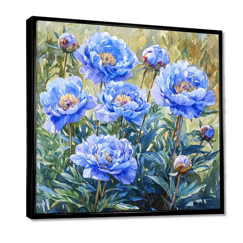 Pivoines bleues et vertes - art mural pivoines, Impression encadrée flottante, Noir, noir, noir, noir, H 16 po x l 16 po
