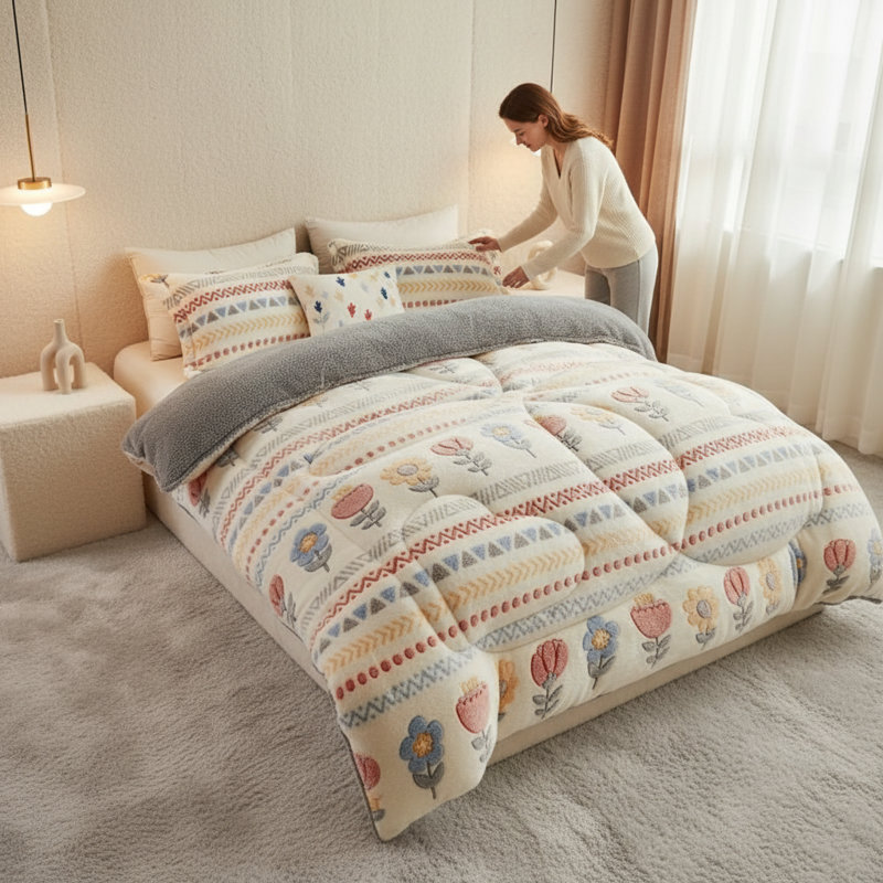 Édredon en molleton Bohémien à motif floral moelleux - literie chaleureuse ultra-douce avec motif réversible, 90 x 90 pouces