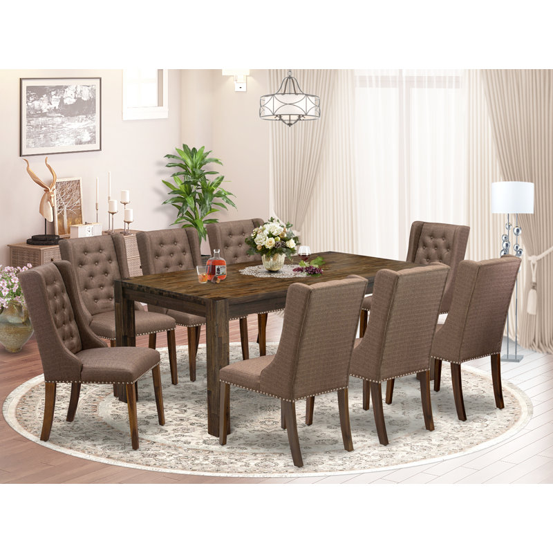 L'ensemble de table de salle à manger 9 pièces comprend une table de cuisine rectangulaire en bois rustique et 8 chaises Parson rembourrées en tissu brun, noyer antique