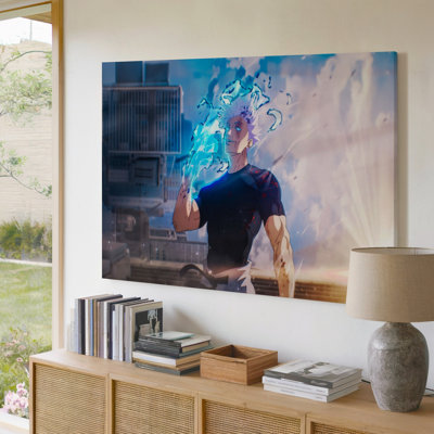 Anime Male Character Blue Flames Glowing Hand Cityscape Canvas Wall Art Print For Living Room, Bedroom, Office, Hallway, Entryway, Gallery Wall And Modern Home Decor