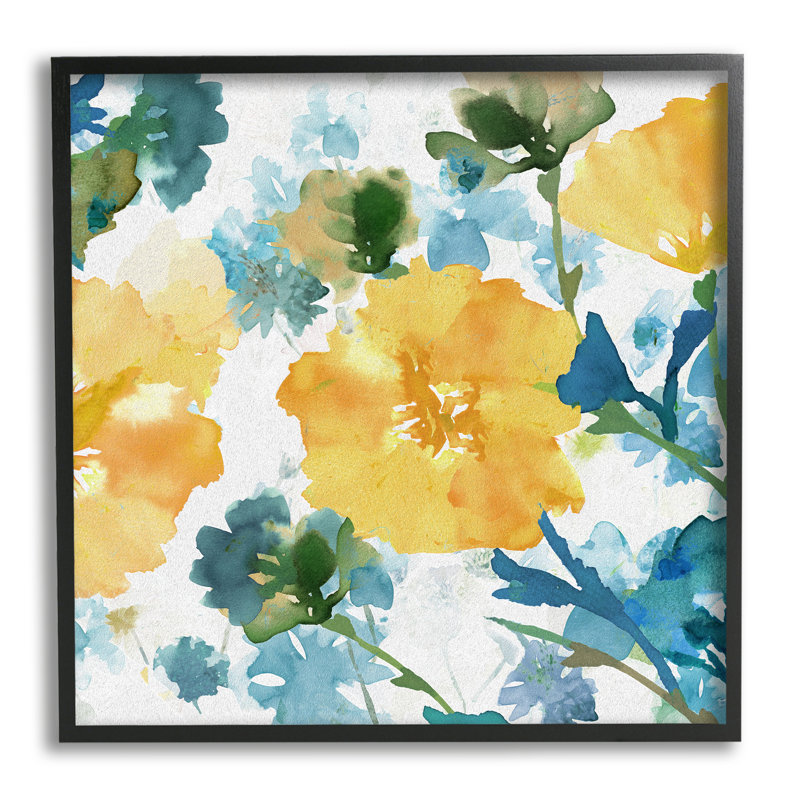 Yellow and Blue Floral Abstract Canvas Print with Black Frame