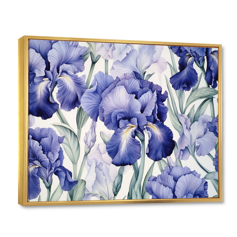 «Mauve vert iris et impressions de fleurs III» sur toile, Cadre flottant doré, H 34 po x l 44 po x P 1,5 po