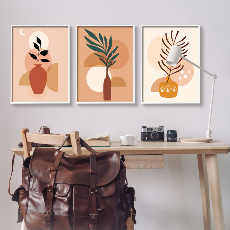 Vases Boho 3 pièces, H 30 po x l 72 po x P 1,5 po, Giclée encadrée blanc bord de mer
