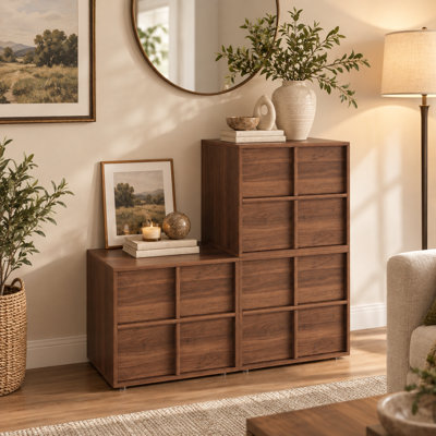 Armoire de rangement à 2 tiroirs en bois brun, armoire latérale multifonctionnelle pour canapé et meuble télé de salon (4 pièces)
