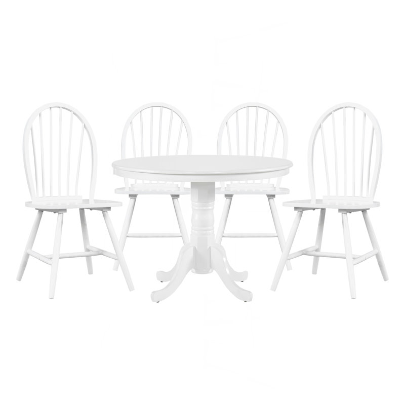 White Finish 5Pc Round Dining Table Set With 4 Windsor Chairs Farmhouse Style Wooden Furniture Casual Dining Kitchen Breakfast Nook
