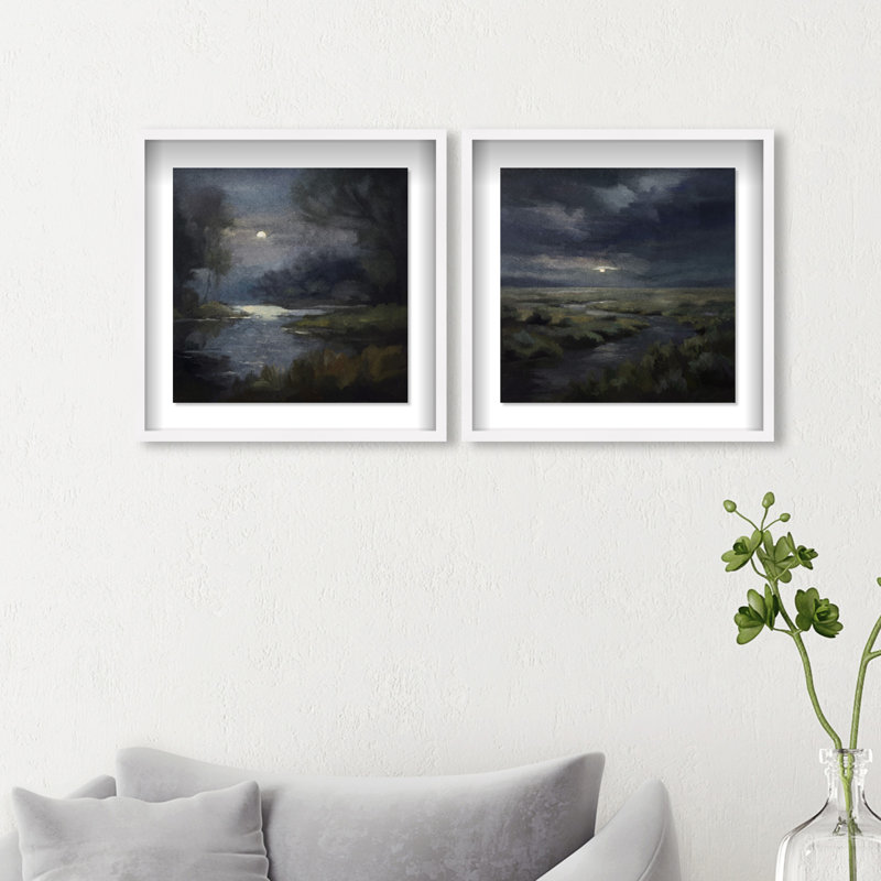 Ensemble de 2 impressions sous cadre « Lune cachée » d'Oliver Gal, représentant un paysage et la nature., White Frame