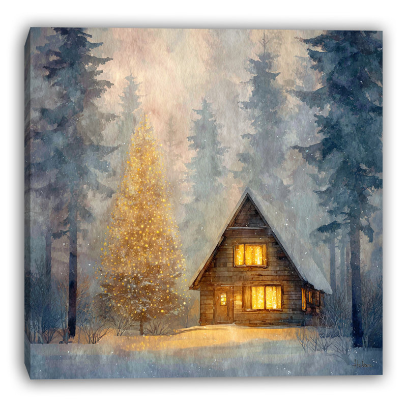 «Forest Chalet Golden Tree Winter Glow», art mural sur toile tendue, H 12 po x l 12 po