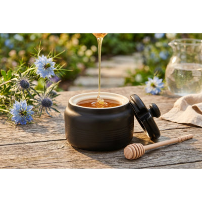 Pot à miel noir mat avec couvercle et cuvette en bois, pot à miel en céramique de 410 ml, contenant à miel Vintage Farmhouse pour comptoir de cuisine, station de thé et bar à café