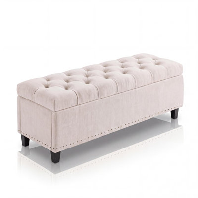 51" Storage Ottoman Bench, End of Bed Storage Bench with 30-Gallon Hidden Storage, Button-Tufted Upholstery, Safety Hinges, Wood Legs, for Bedroom, Living Room, Entryway, Beige
