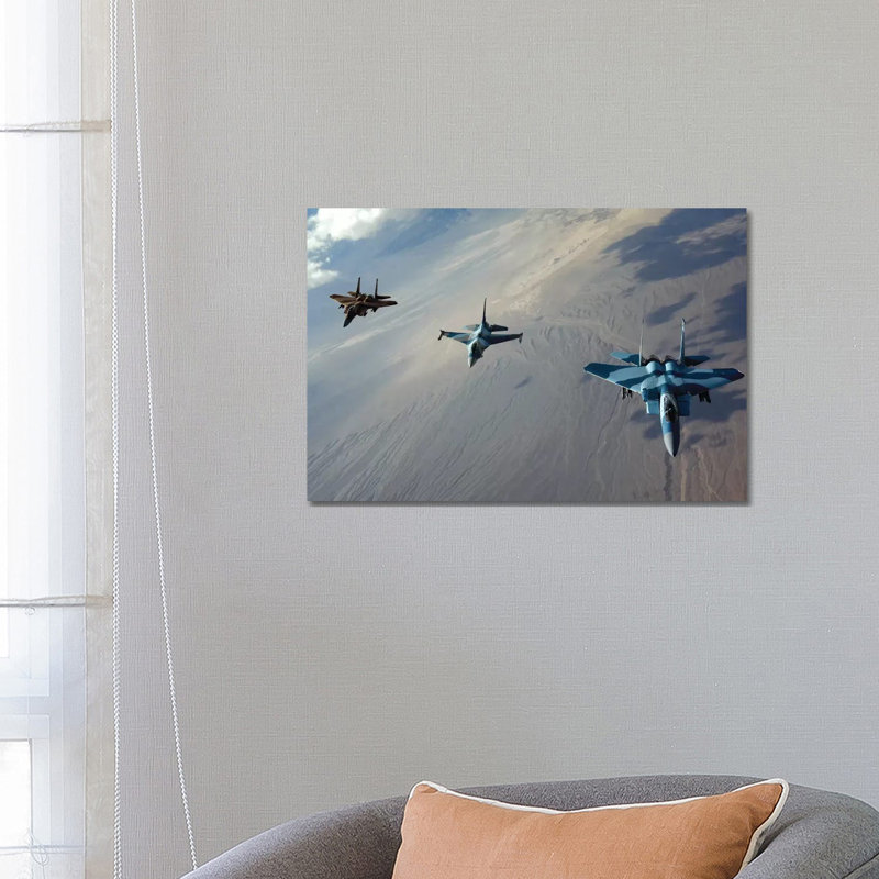 F-15 Eagles And A F-16 Fighting Falcon Fly In Formation - Wrapped Canvas Print, 66.04 cm H x 45.72 cm W x 1.91 cm D