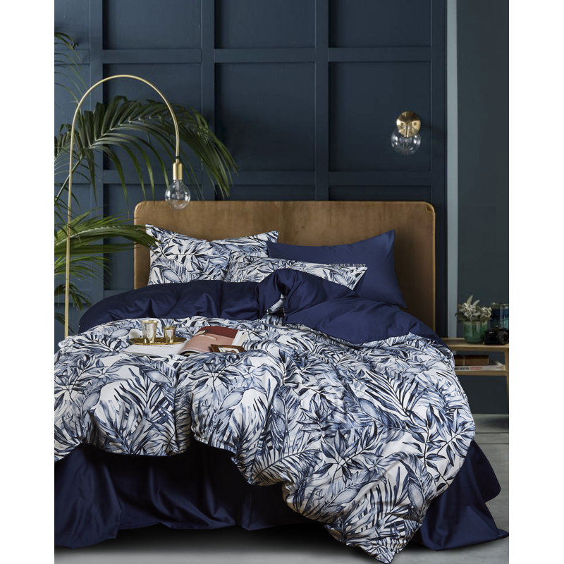 Satin Floral Duvet Cover, King Duvet Cover + 2 King Shams, Navy Floral