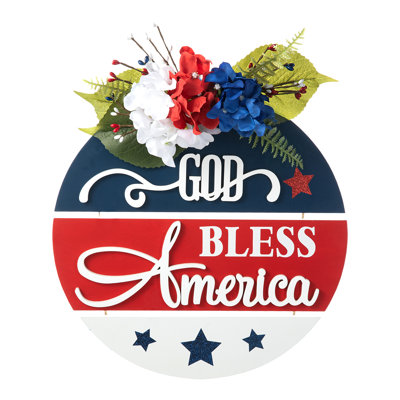 14"D Patriotic/ Americana Wooden Round Sign Door Hanger
