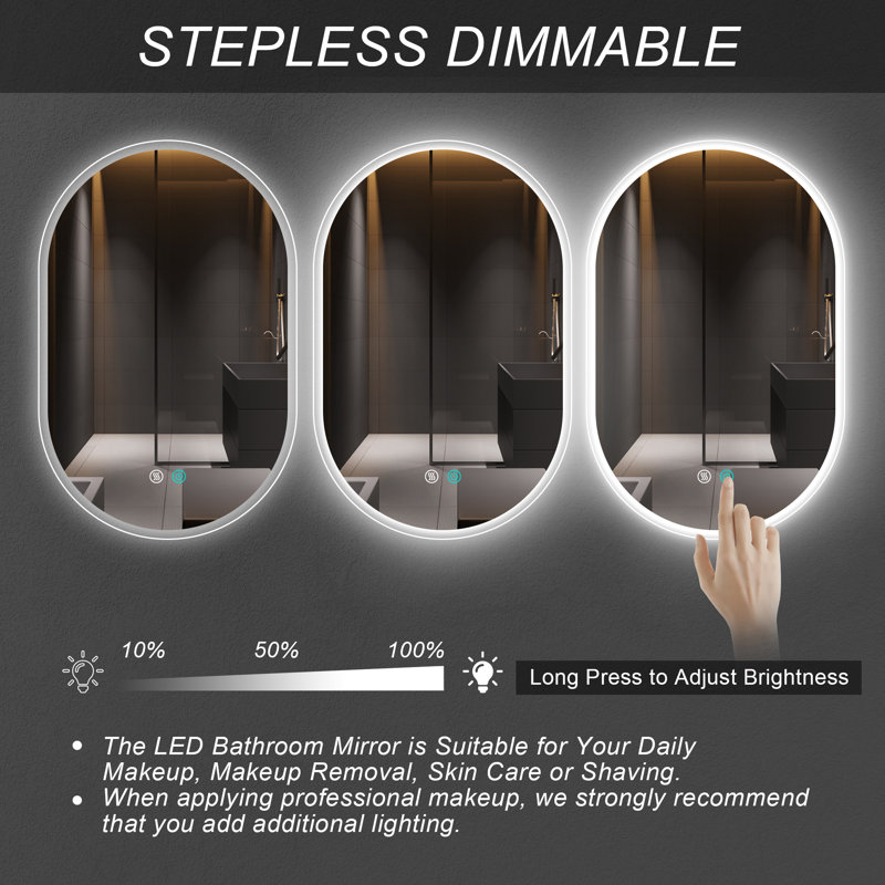 Wall Mounted LED Mirror Frameless Bathroom Vanity Oval Lighted Mirror with Anti-fog&Dimmable Lights, 32" x 20"
