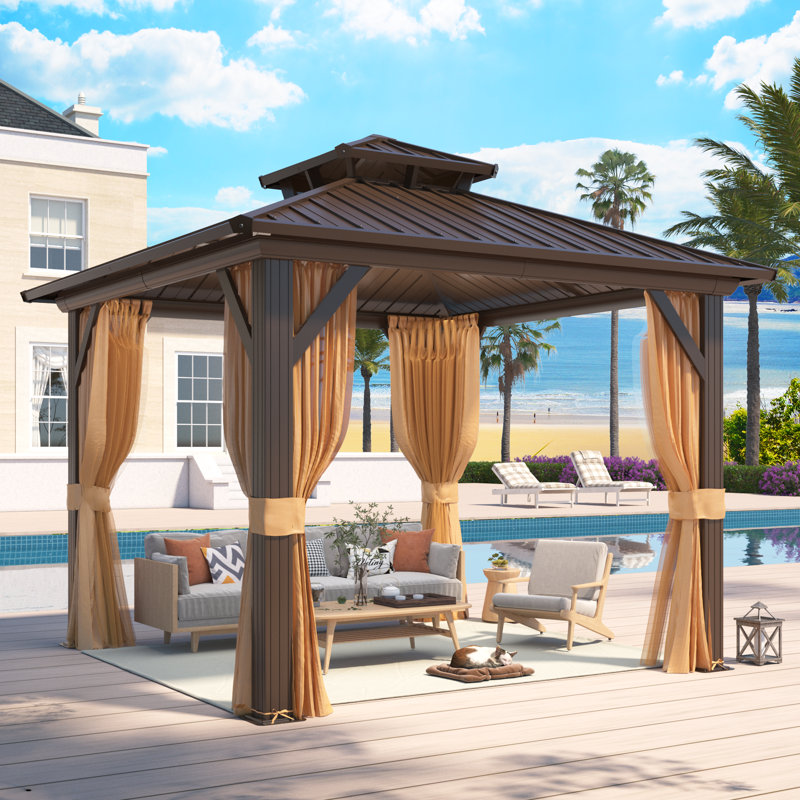 10x10 Ft Heavy-Duty Aluminum Gazebo with Galvanized Steel Double Roof, Hardtop Outdoor Canopy with Curtain & Mosquito Netting for Patio Deck & Hot Tub