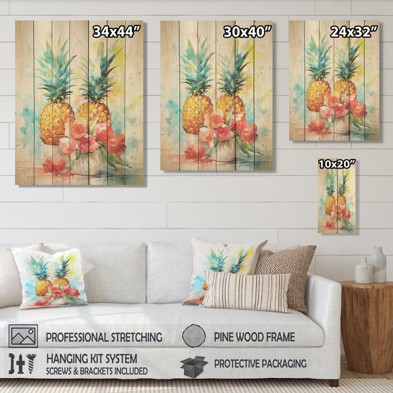 Aquarel ananas, peinture - ananas sur bois, H 40 po x l 30 po
