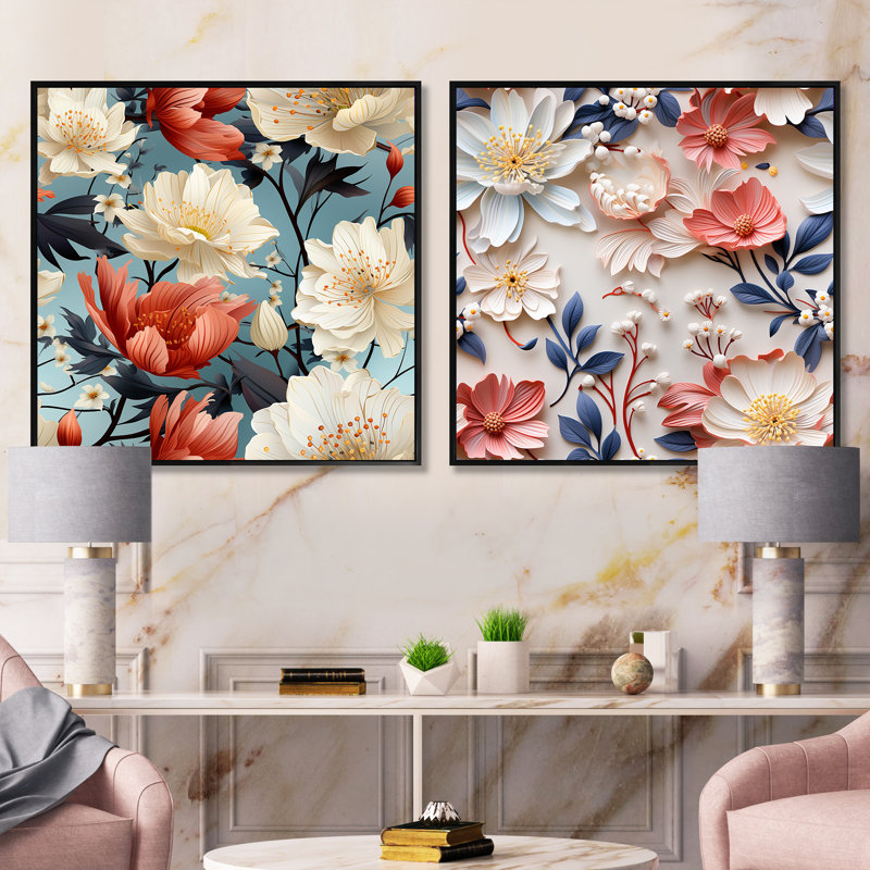 Glaude - Ensemble de 2 collages floraux carrés, Cadre flottant noir, H 36 po x l 73 po