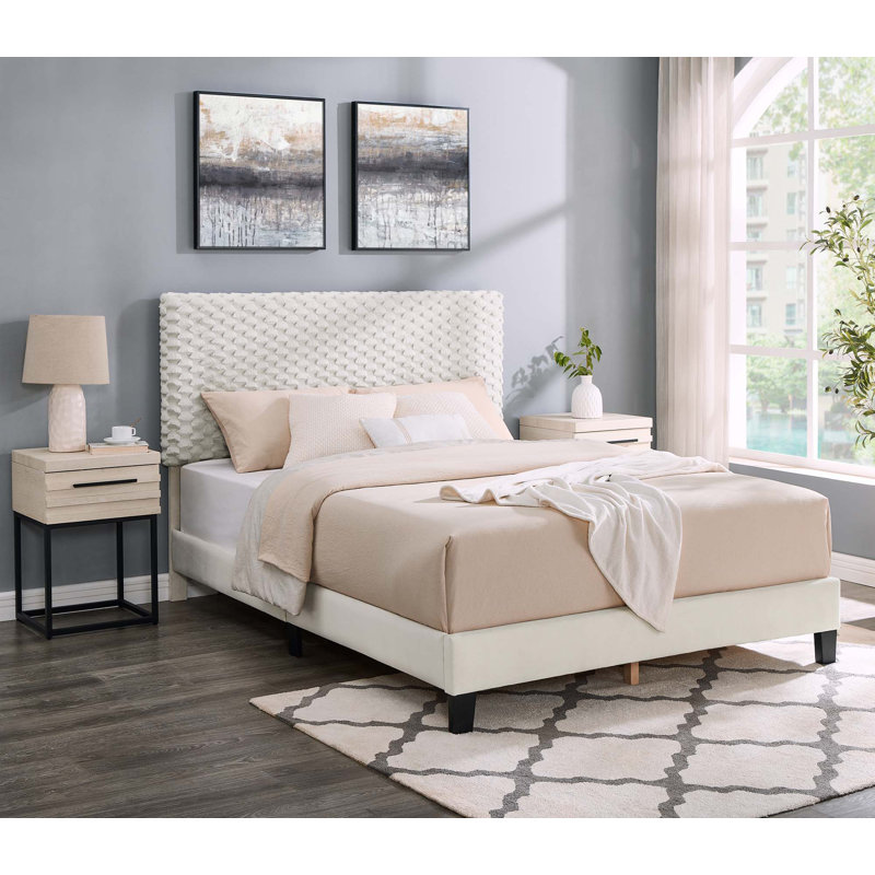 Ensemble de chambre à coucher 3 pièces, lit rembourré 3D moelleux avec deux tables de chevet, Double