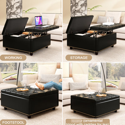 Large Square Storage With Wood Frame, Black Pu Leather Cover Oversized For Living Room And Office Decor